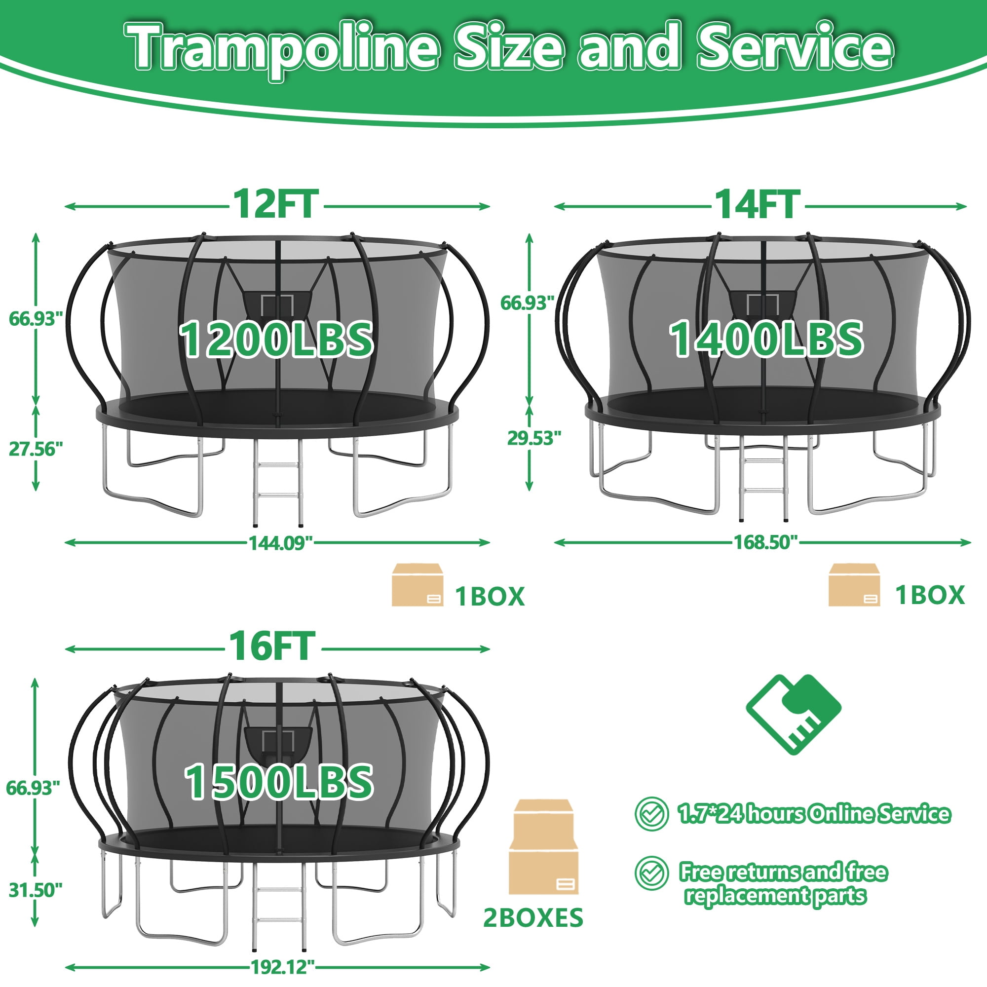 LHX Trampoline for Kids 12FT 14FT 16FT Outdoor Trampolines with Basketball Hoop, Safety Enclosure Net, Lights, Sprinklers, Socks, Recreational Heavy Duty Trampoline, 1200 LBS Loading, Easy to Install