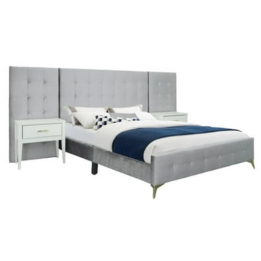 Pemberly Row 133"W Wood King Bed with 2 Nightstands in Silver Gray