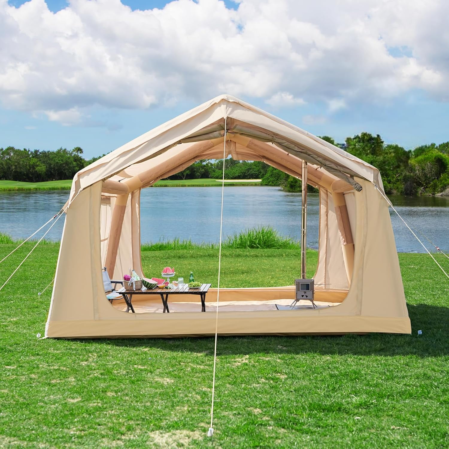 Inflatable Tents for Camping, Blow Up Tent with Hand Pump, Easy Setup Inflatable Camping Tent with Stove Jack, Waterproof Oxford Air Glamping Tents for Camping Adult 6-8 Person