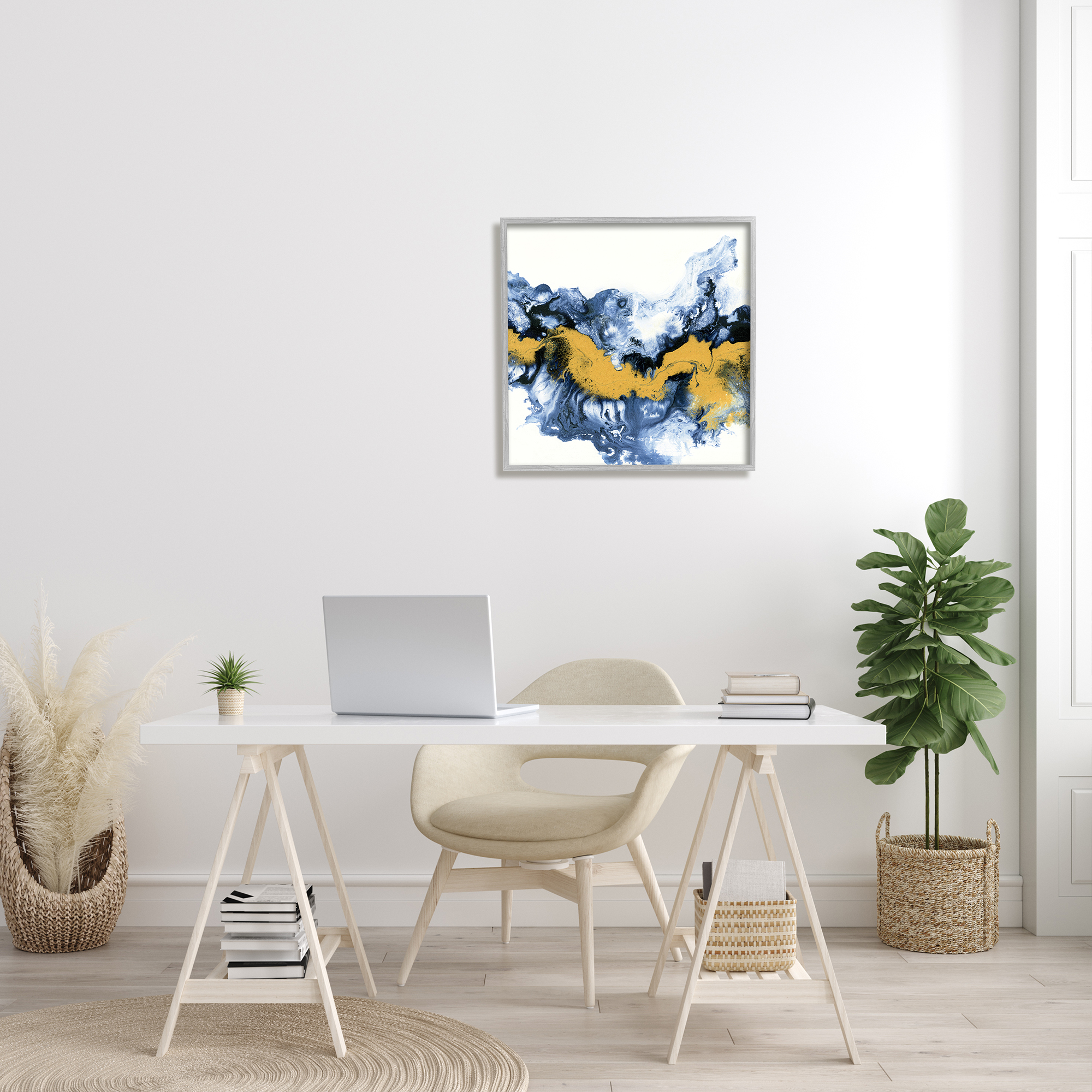 Stupell Industries Abstract Paint Infusion Fluid Blue Yellow Integration Abstract Painting Gray Framed Art Print Wall Art, 24 x 24
