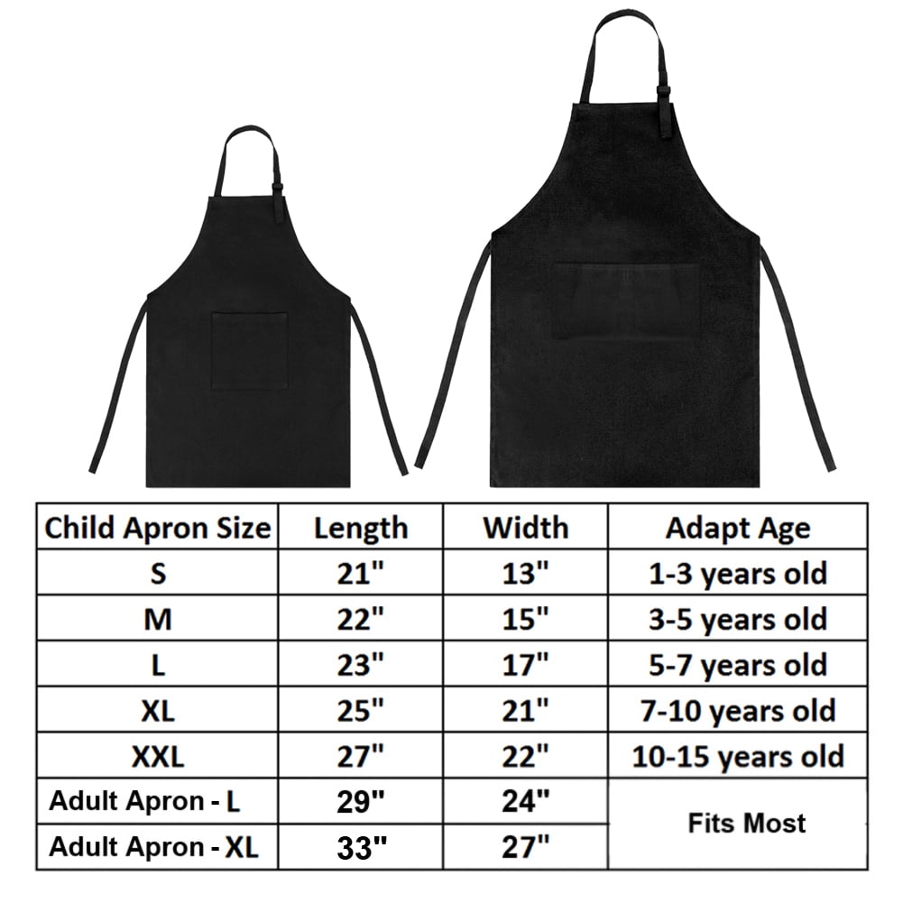 Opromo Colorful Cotton Canvas Kid\'s & Adult\'s Aprons with Pocket, Artist Apron & Chef Apron in Set (Black, 27"L x 22"W/29"L x 24"W)