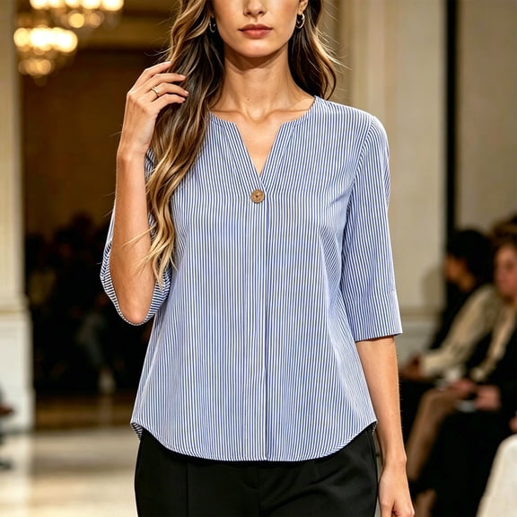 JOANKDMI V Neck T Shirts for Women Striped 3/4 Sleeve Blouses Business Casual Work Shirts Flattering Loose Fit Dressy Tees