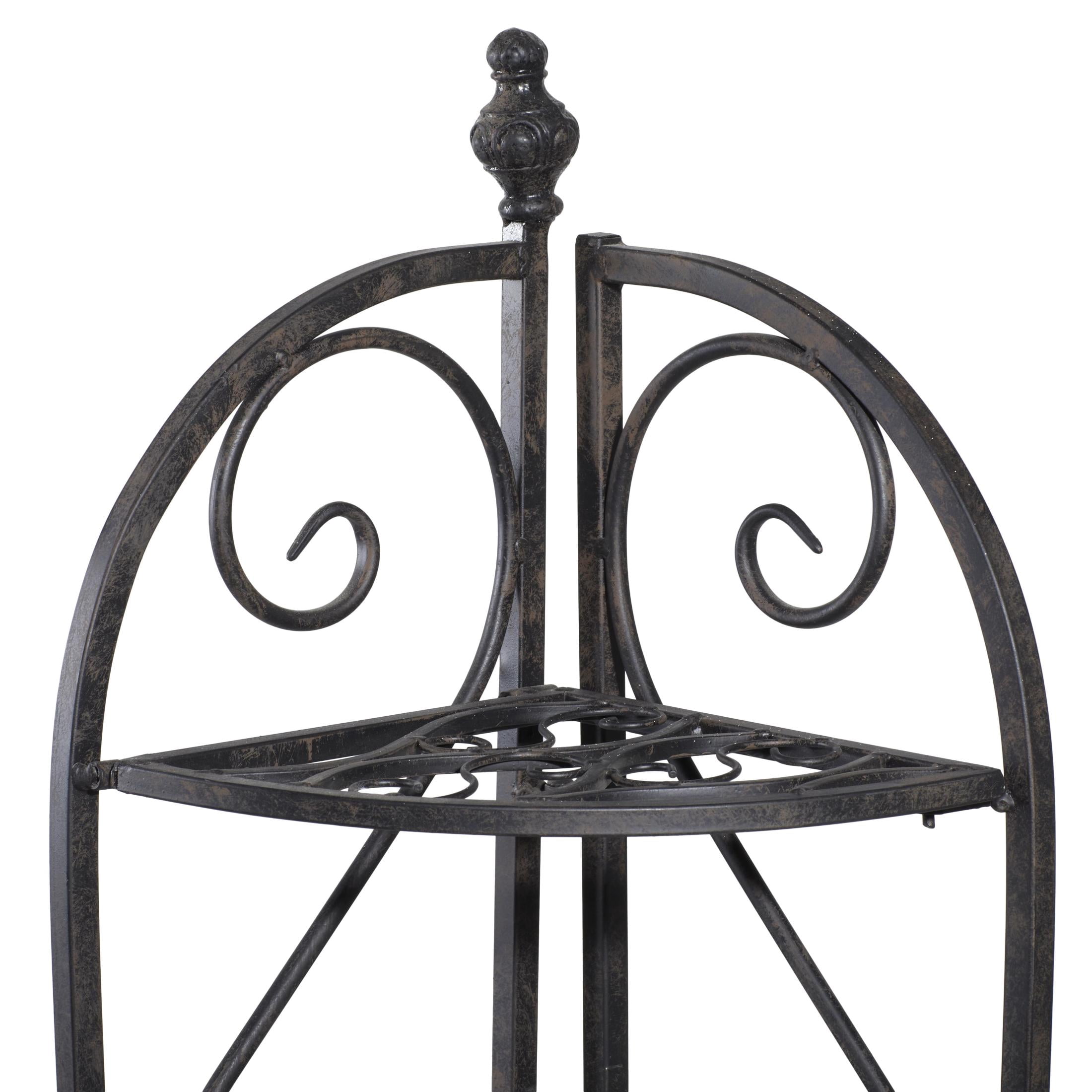 DecMode 17" x 60" Black Metal Scroll Indoor Outdoor Arched Tall Folding Corner 4 Shelf Bakers Rack, 1-Piece