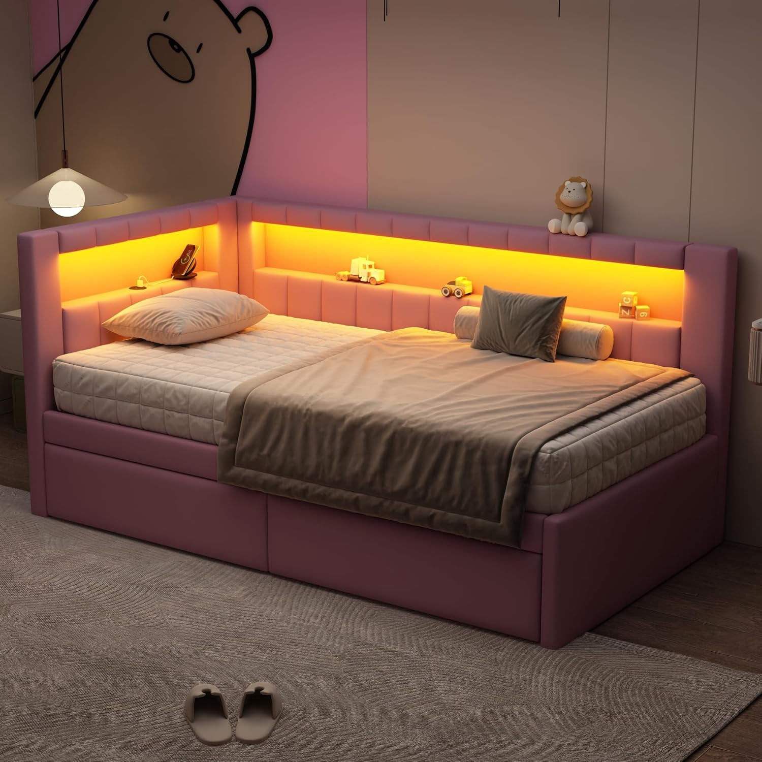 AISWORD Twin Size Daybed with Storage Drawers and L-Shaped Bookshelf Headboard, Upholstered Soft Corner Bed with Shelves, Charging Station and LED Belt, Pink