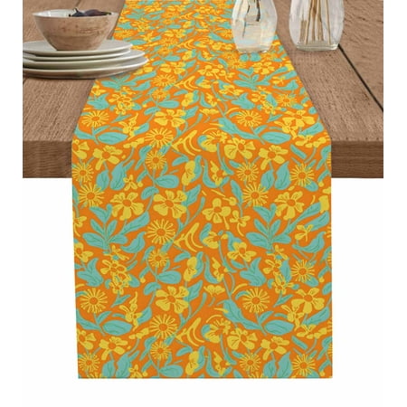 

Fall Flowers Table Runner Orange Farmhouse Flowers Leaves Ethnic Tablerunners 13 x 108 Inch Table Decorations Tabletop Scarf for Summer Gathering Holiday Farmhouse Kitchen Dining Decor