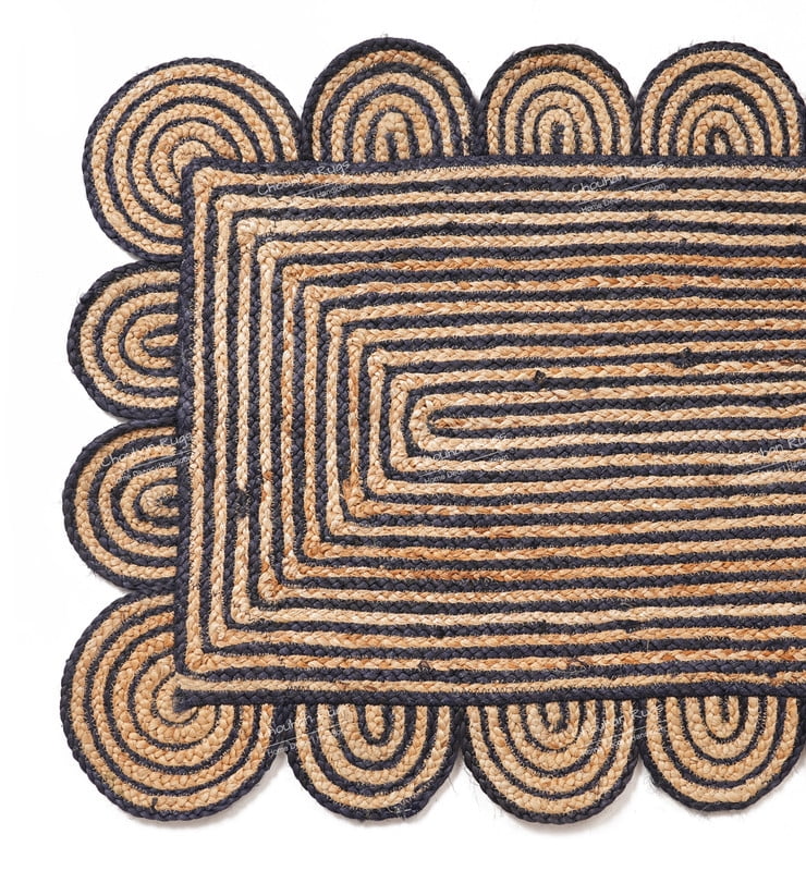 Rectangle Rug Natural Jute Rug Hand Braided Beige and Navy Blue Color Area Rug