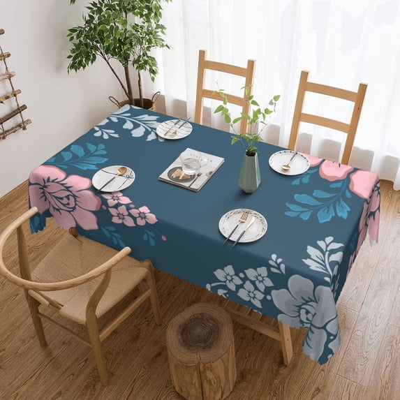 XMXY Table Cloth Rectangle Table, Flower Deep Blue Dining Table Cover Waterproof Washable Outdoor Tablecloth, 54 X 72 Inch