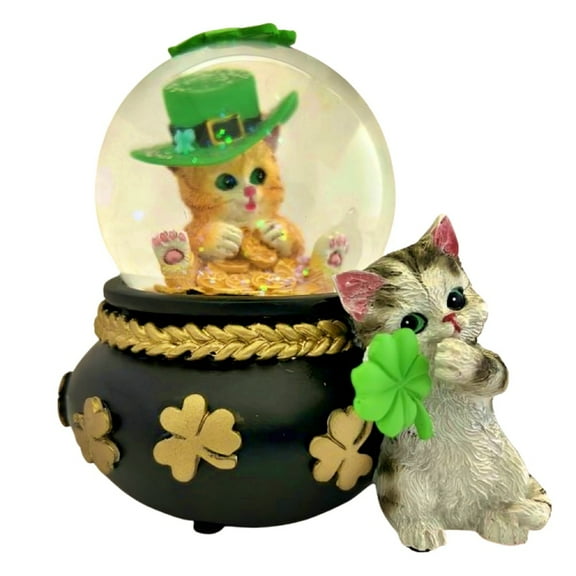 The Bradford Exchange Holiday Water Globe Sculpture Collection Issue #5: "Claw-some St. Patrick's Day" Hand-Painted Light-Up Cat Figurine with Glitter Collectible Sculpture by Kayomi Harai 4.2-inches