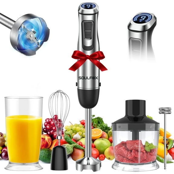 Soulfox Handheld Immersion Blender and Display 1500W, 5 in 1 Multifunctional Hand Mixer, Stainless Steel