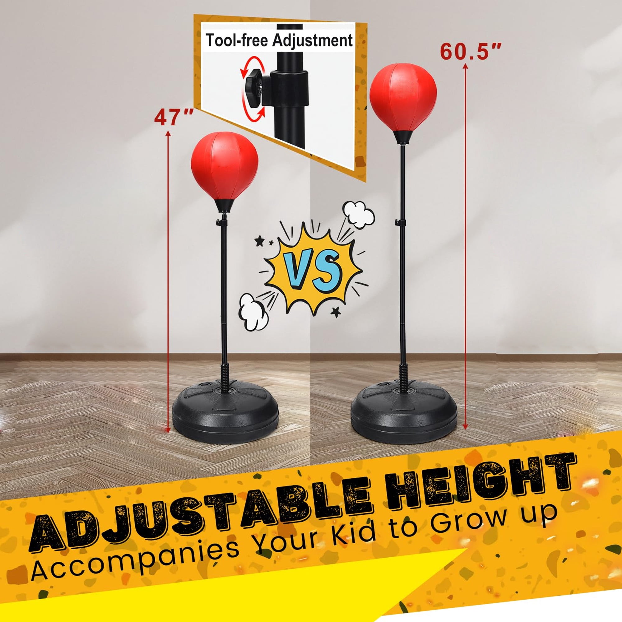 Adjustable height punching bag set for boxing training, freestanding heavy bag with stand gloves pump reflex ball, perfect for adults home gym workout, red