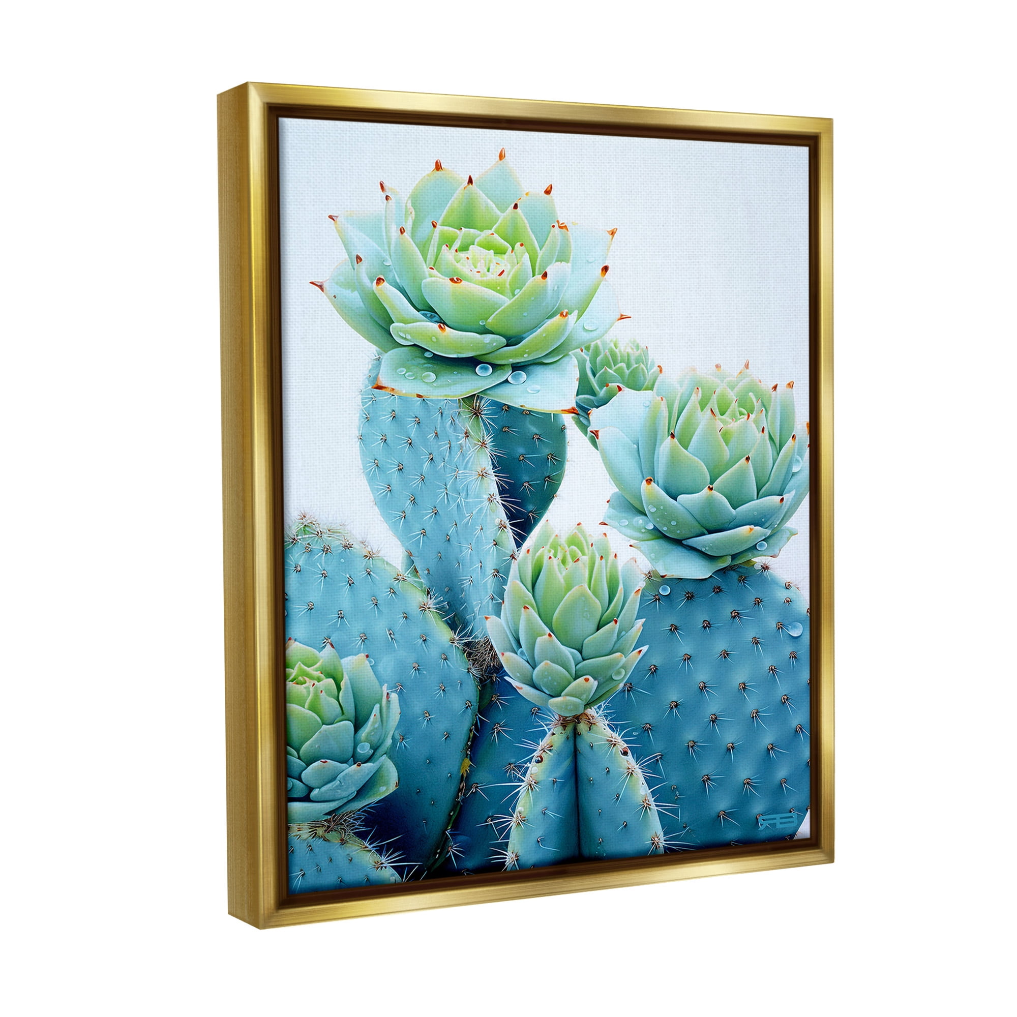 Stupell Industries Cactus with Succulent Blooms Botanical & Floral Painting Gold Floater Framed Canvas Art Print Wall Art, 17 x 21