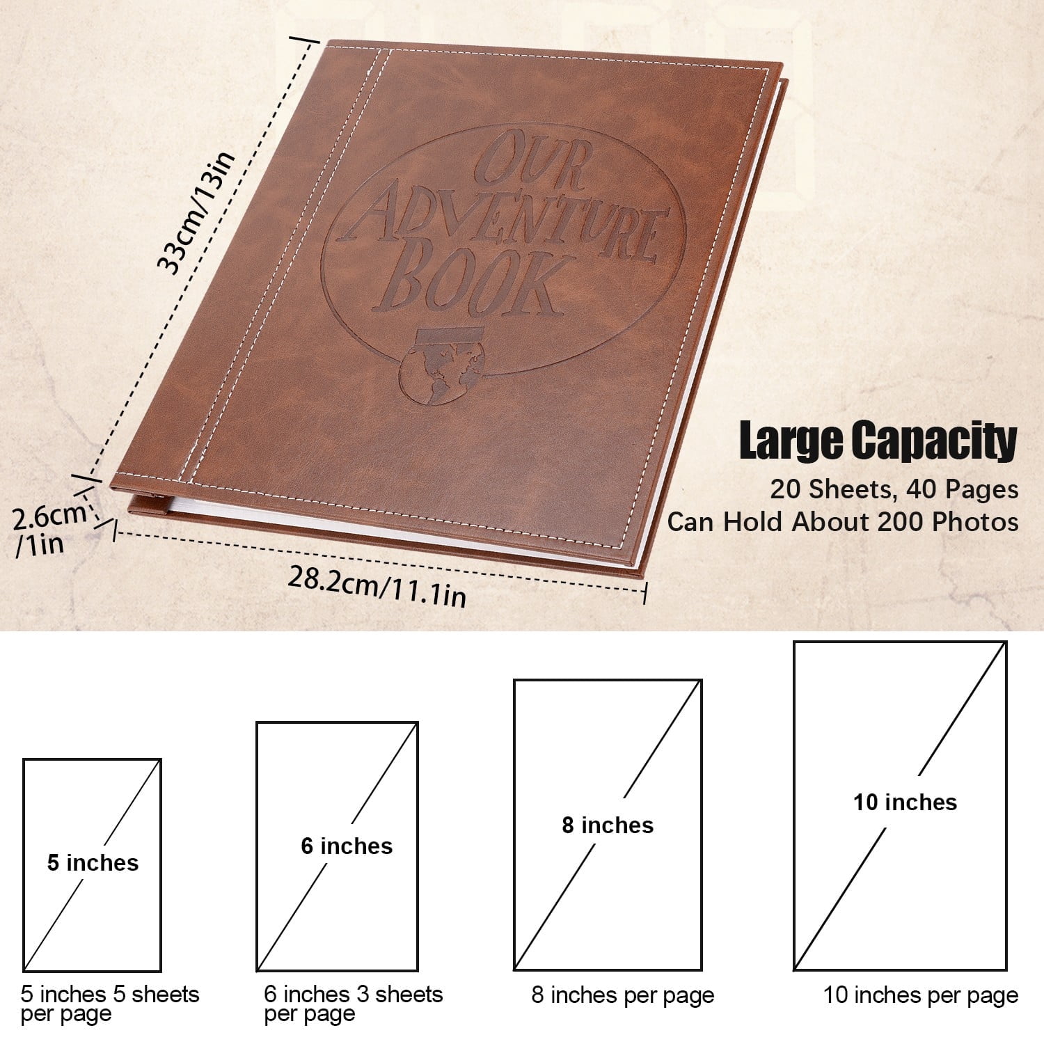 TJT Photo Album for 3x5 4x6 5x7 8x10 Pictures, 40 Pages Leather Large Self Adhesive Pictures Album Birthday Christmas Wedding Anniversary, Brown