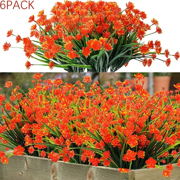 Coolmade 6pcs Artificial Outdoor Plants Plastic Wheat Grass Greenery Shrubs UV Resistant Fake Outdoor Plants Plastic Shrubs for Outdoor Home Garden Decoration (Orange)