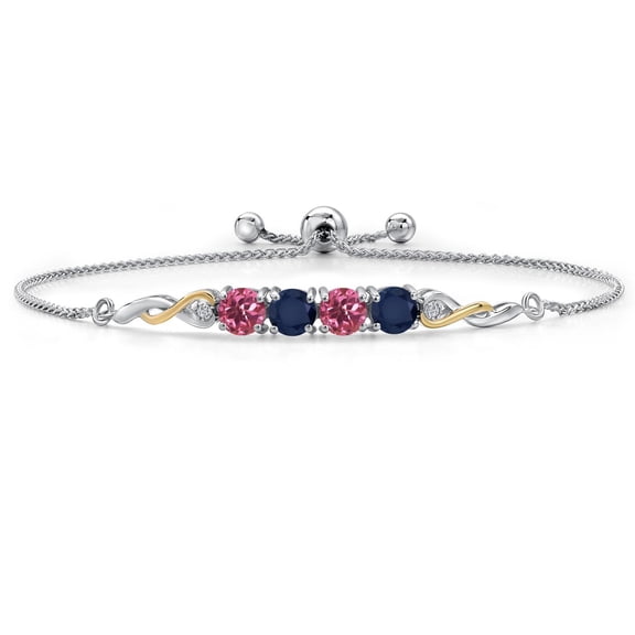 925 Silver and 10K Yellow Gold Pink Tourmaline and Blue Sapphire and White Lab Grown Diamond Bracelet for Women | 2.26 Cttw | Gemstone October Birthstone | Round 5MM | Fully Adjustable 9 inch