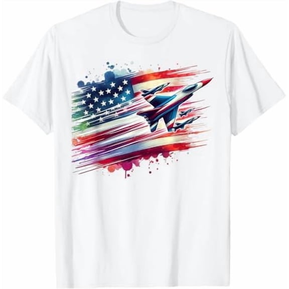 Greenink Natee Fighter Jets American Flag USA Patriotic 4th of July Boys Gifts T-Shirt Men Women Kids Tees Crew Neck Short Sleeve T Shirts