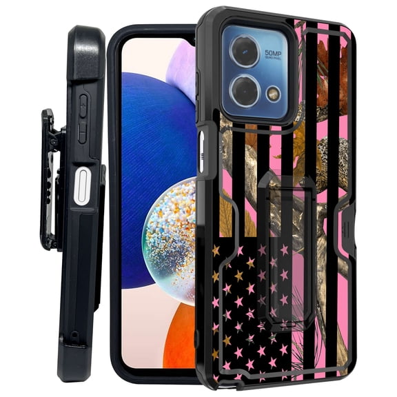 ANJ  Rugged Shockproof Kickstand Hybrid Case with Card Slot and Holster   Tempered Glass Cover for Motorola Moto G Stylus 5G (2023) - American Pink Tree Camo