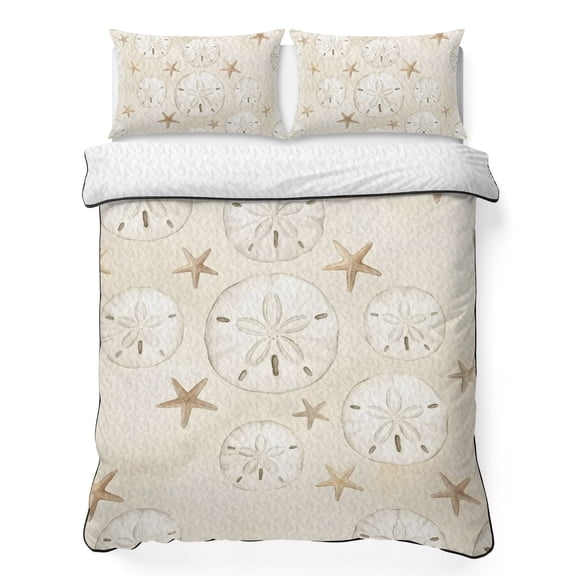 Quilts Queen Size Bedding Set, Coastal Starfish Lightweight Quilted Comforter, Vintage Ocean Marine Life Beach Floral Soft Reversible Bedspread Coverlet with Pillow Covers for All Season, 90" x 96"