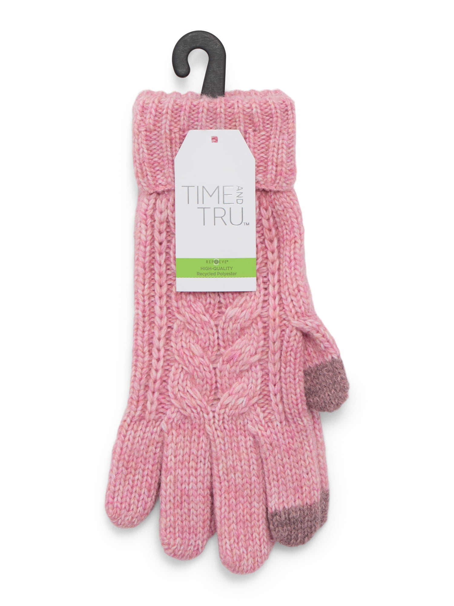 Time and Tru Women's Tech Touch Cable Knit Gloves, One Size Fits Most, Pink Pottery Heather