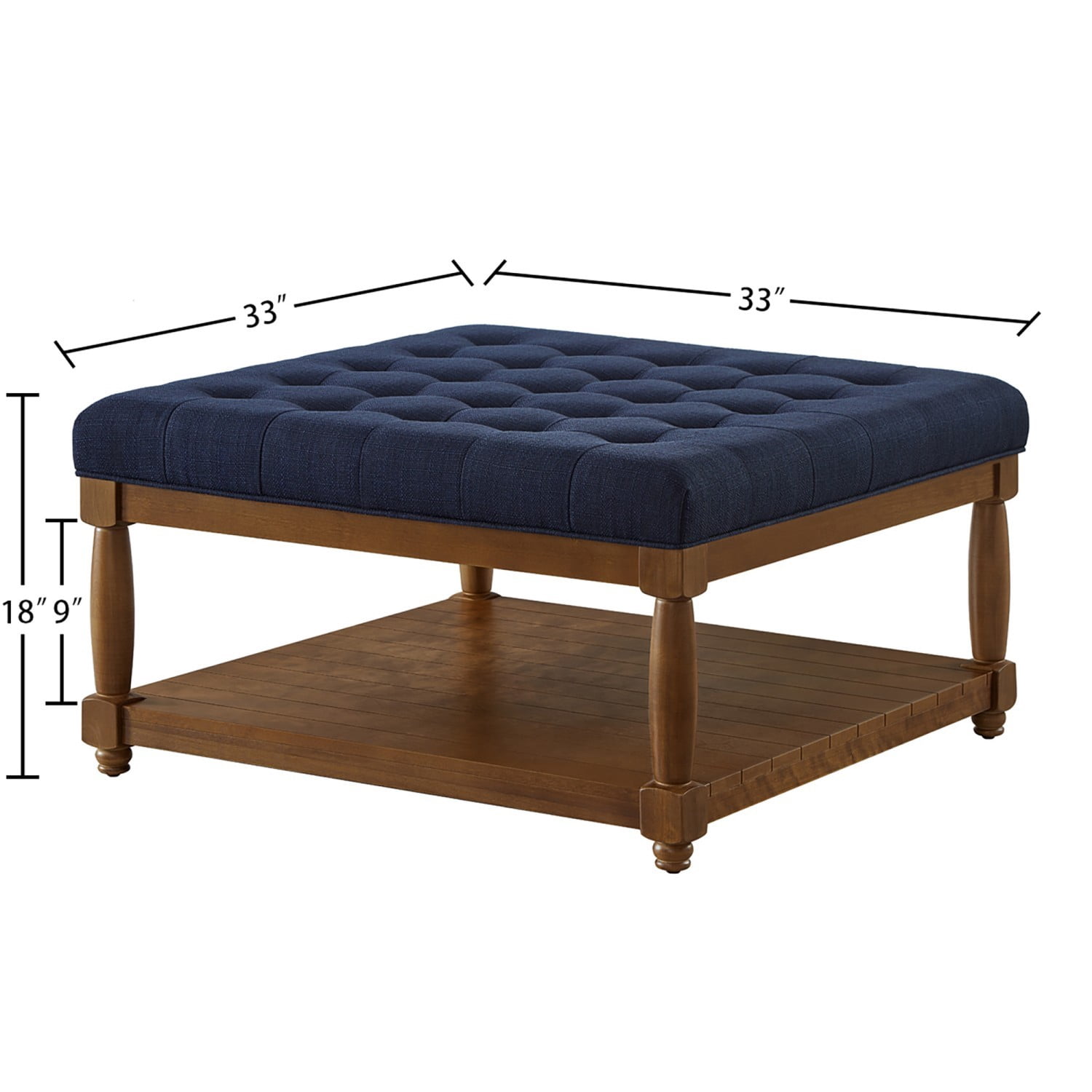 Large Square Tufted Linen Ottoman Coffee Table, Upholstered Footrest with Solid Wood Storage Shelf, Navy Blue Living Room Center Table