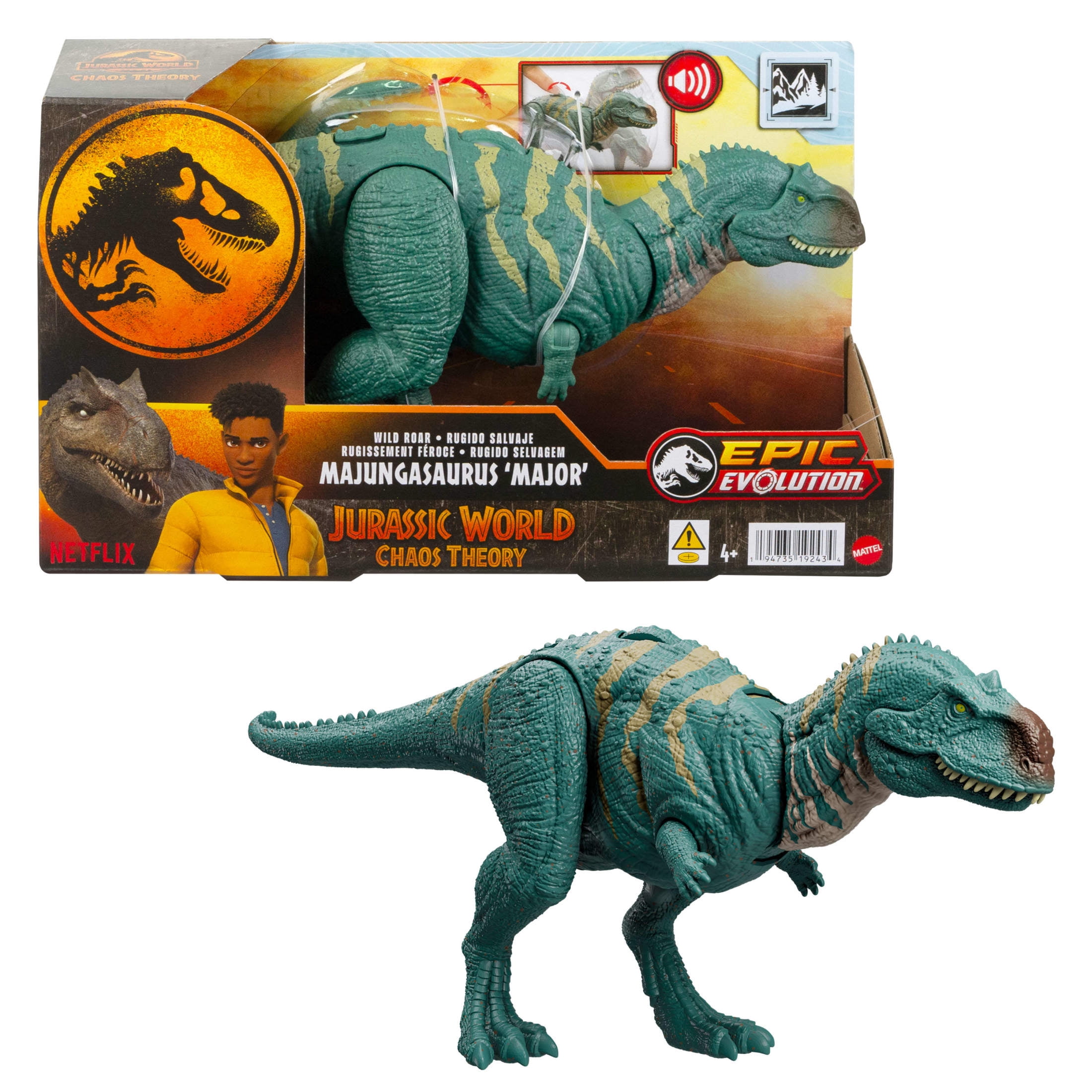 Jurassic World Chaos Theory Wild Roar Majungasaurus Dinosaur Action Figure Toy, Chomp Attack & Sound