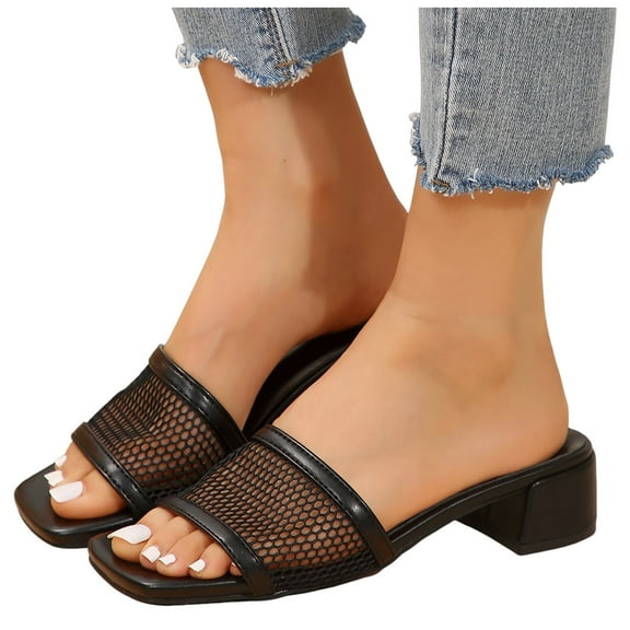 Dakaela Womens Slide Sandals Mesh Heels Mules Square Open Toe Slip on Summer Dress Shoes