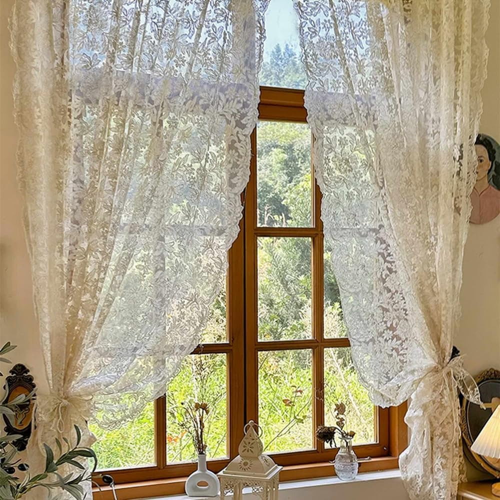 Joqmia Elegant Floral Lace Sheer Curtains, Vintage Embroidered Voile Panels for Bedroom Living Room Kitchen, 2-Pack Rod Pocket Light Filtering Window Drapes