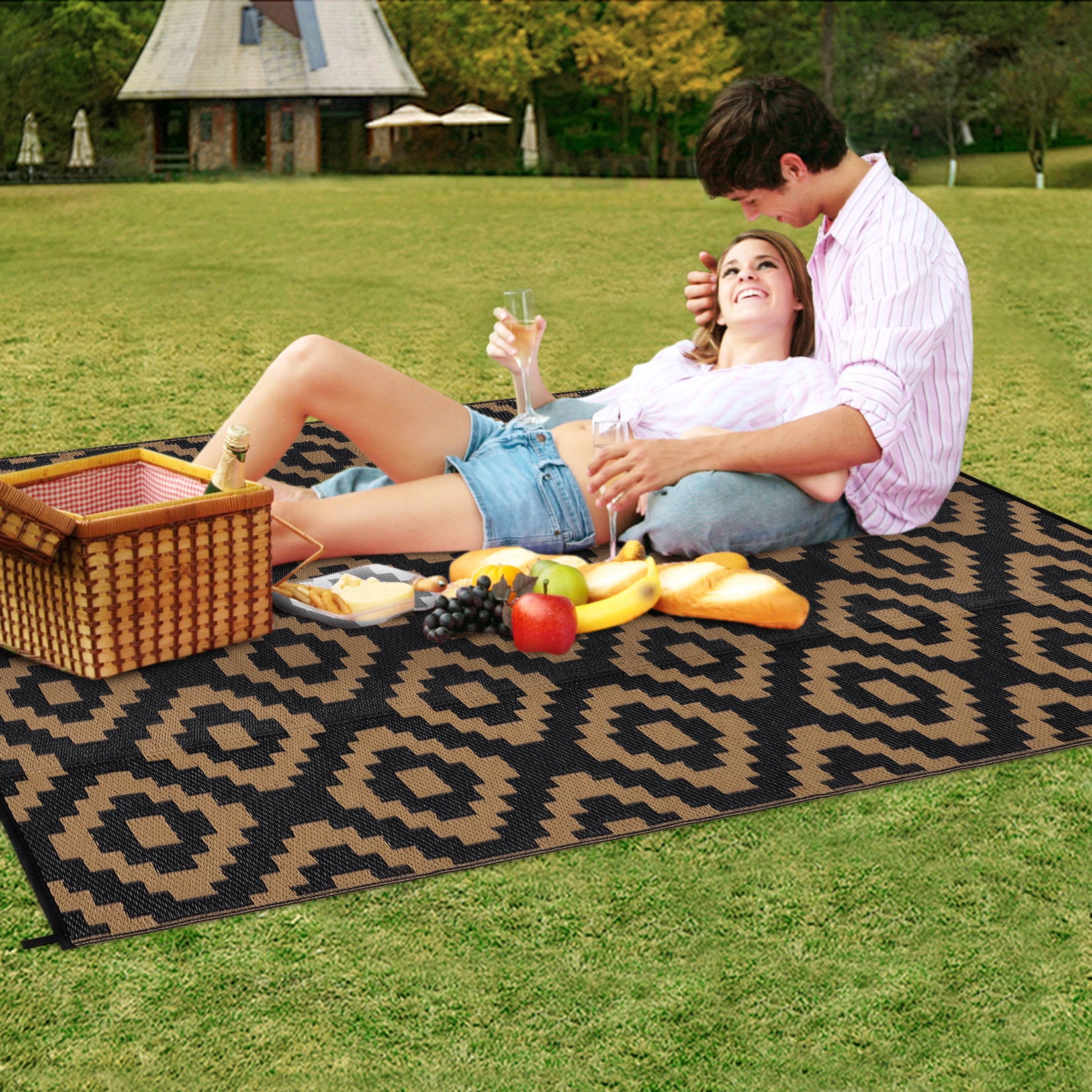Garvee Waterproof Outdoor Rug 9'x18' Reversible Plastic Patio Rugs, Portable Modern Abstract Indoor Outdoor Carpet for Camping, Balcony, Deck, Backyard, Black & Brown, with Storage Bag
