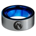 thumbnail image 2 of Tungsten Crescent Moon Howling Wolf Forest Trees Engraved Band Ring 8mm Men Women Comfort Fit Blue Flat Cut Brushed Gray Polished, 2 of 4