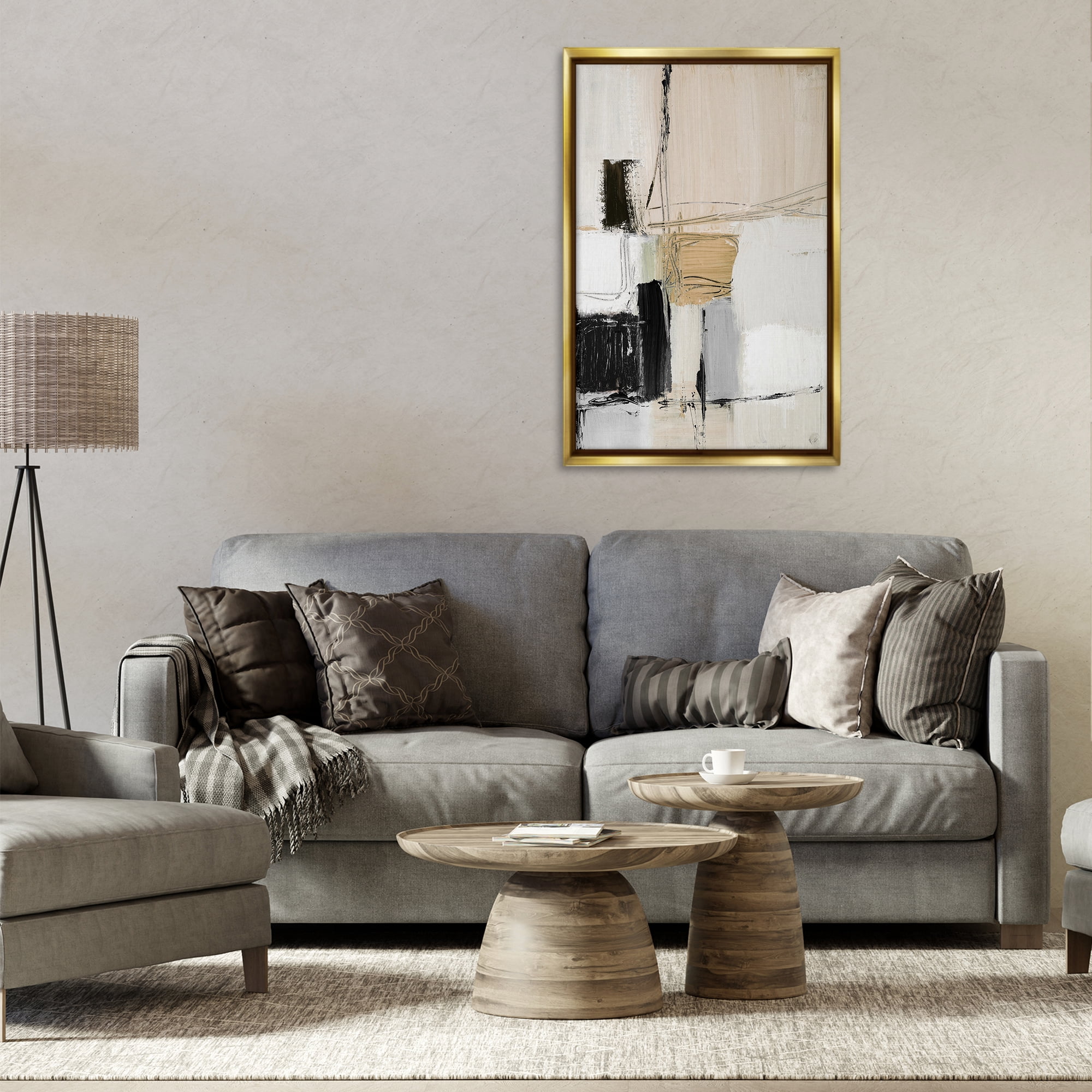 Stupell Industries Beige Organic Shapes Collage Abstract Painting Gold Floater Framed Canvas Art Print Wall Art, 21 x 31