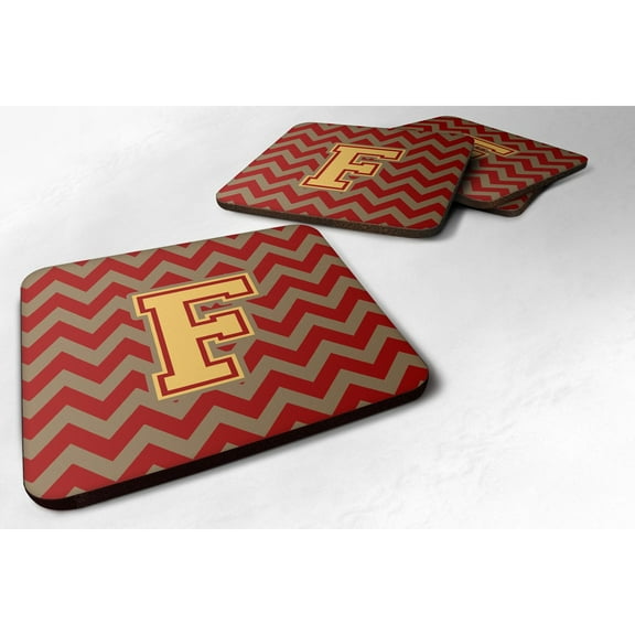 Letter F Chevron Garnet and Gold  Foam Coaster Set of 4