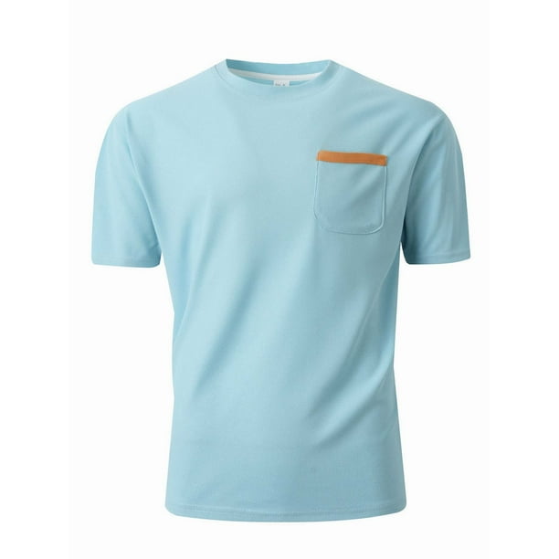 Tops para hombre, blusas y camisas de manga corta con cuello redondo para hombre, blusas versátiles de moda para hombre, de color liso, con bolsillos, de manga corta y cuello redondo, abrigo de poliés