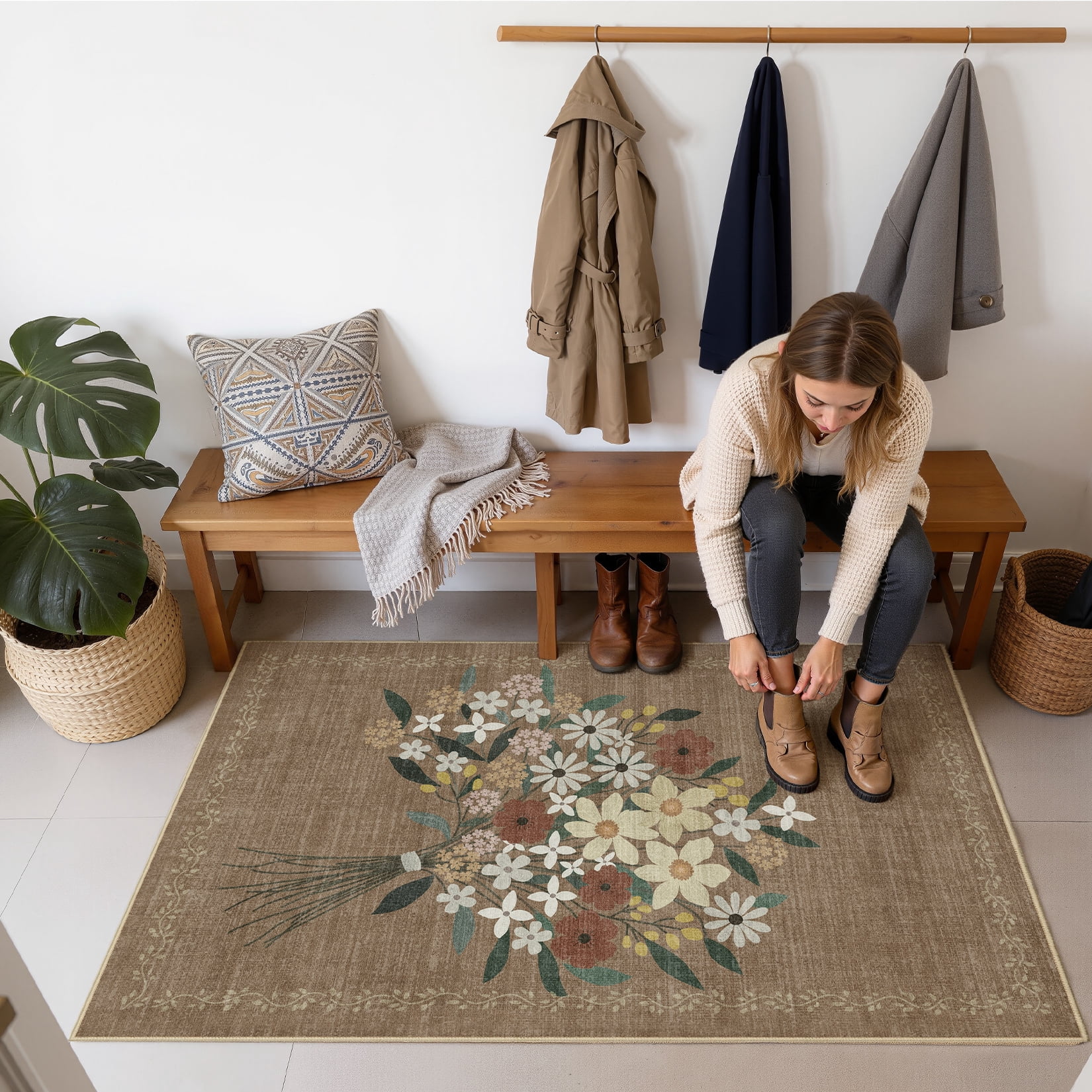 Toyoso 3x5 Machine Washable Area Rug - Floral Bouquet Printed Small Rug, Soft Polyester Non-Slip Bedroom Bedside Entryway Mat, Aesthetic Cottagecore Accent Carpet, Brown Floral