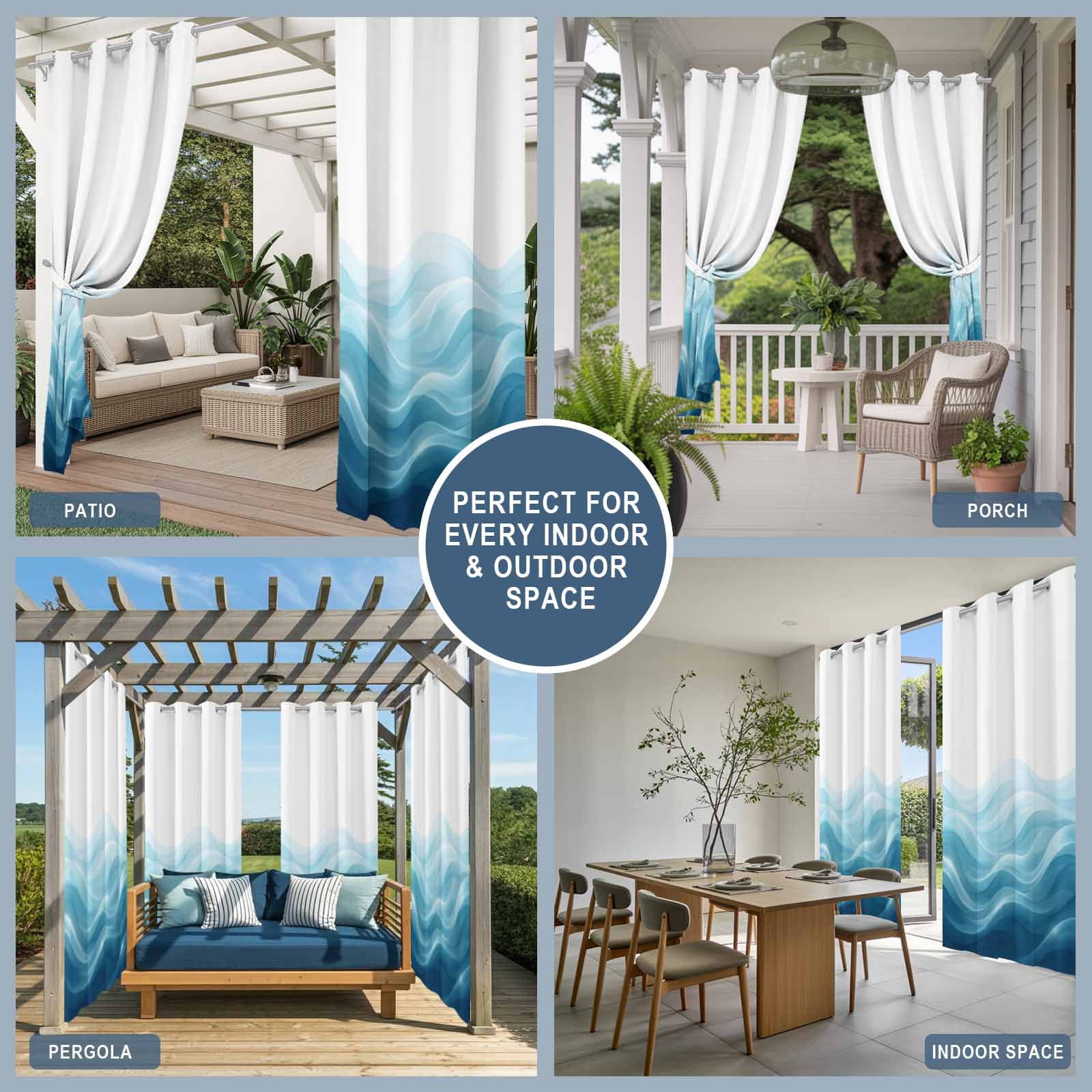 Teal Blue Ombre Outdoor Curtains for Patio, Abstract Modern Gradient Ripple Sunshade Privacy Drapes Grommet Waterproof Outside Curtains for Porch/Cabana/Balcony 54"x 108", 1 Panel