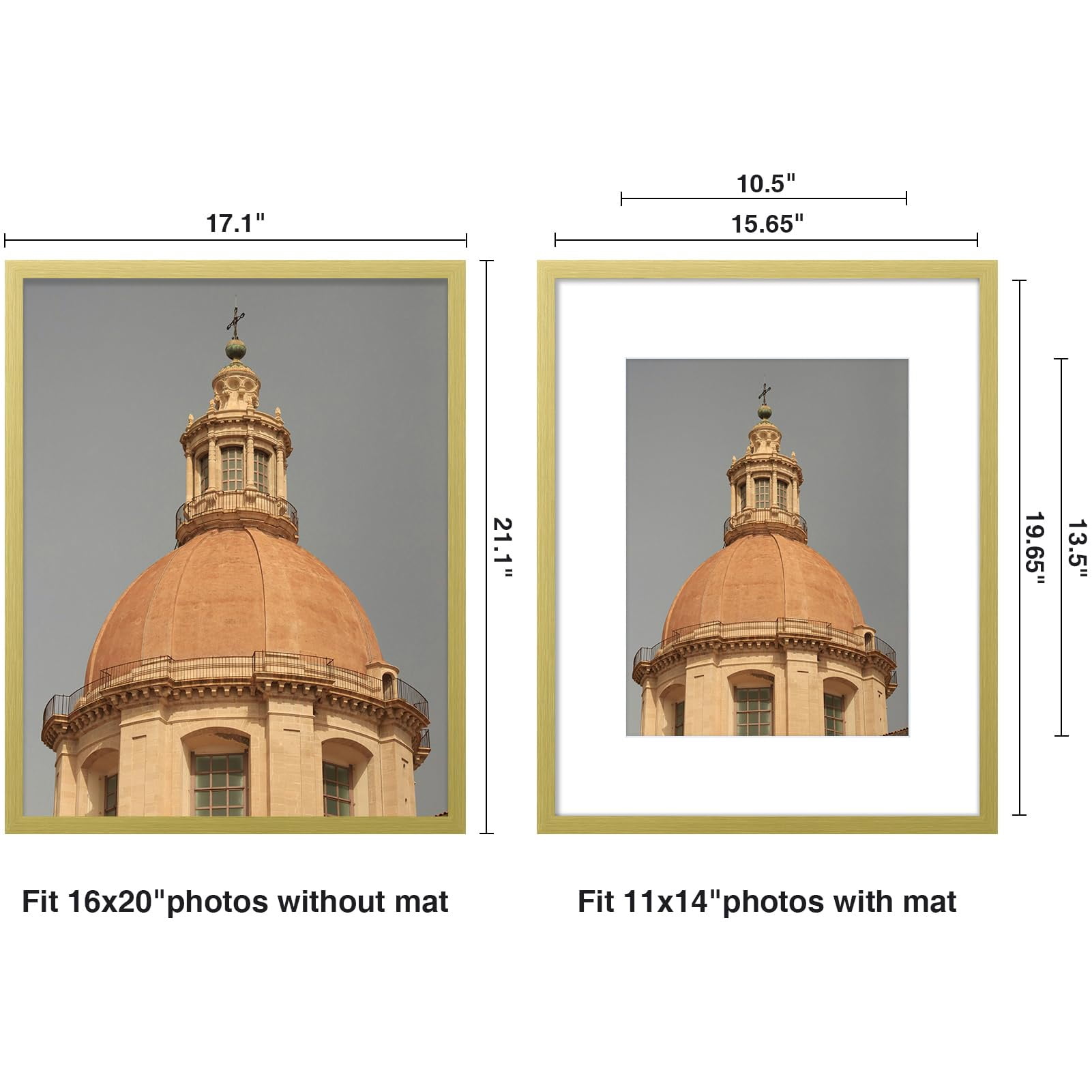 decorUhome 16x20 Picture Frame for Wall, Plexiglass, Displays Poster 11x14 with Mat or 16x20 without Mat, PVC Frame Material, Horizontal or Vertical Hanging, Gold