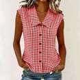 thumbnail image 3 of Women's Summer Gingham Sleeveless Button Down Shirt Office Collared Blouses with Pleated Front Casual Basic Trendy Business Tank Tops Beach Vacation Clothes, Watermelon Red XL, 3 of 8