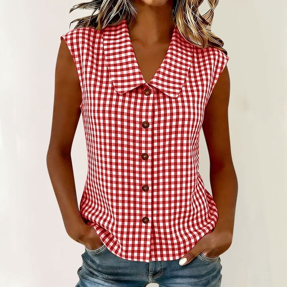 Womens Sleeveless Tank Tops Plaid Printed Collared Camisole for Women Button Down Dressy Casual Shirts