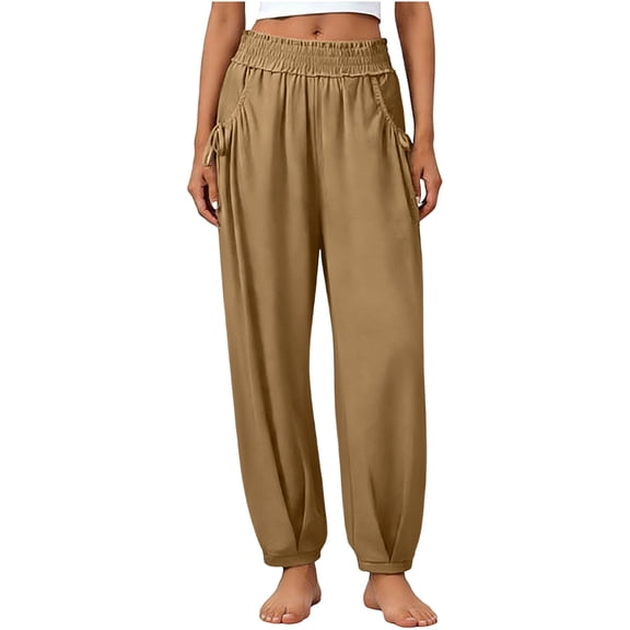 Htigea Womens Elastic Waisted Pants Summer Lightweight Slacks Solid Color Loose Breathable Casual Pants with Pockets Khaki S
