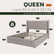 Einfach Queen Size Lift up Platform Storage Bed Frame with Fabric Upholstered Wingback Button Tufted Headboard, Beige