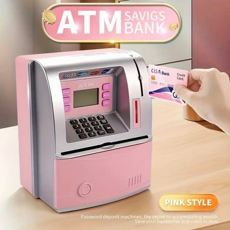 Interactive ATM-Style Toy Savings Bank with Debit Card, Automatic Coin Counter & Digital Balance Display, Pink Electronic Money Bank for Saving Practice and Fun Gifting (No Batteries Required)