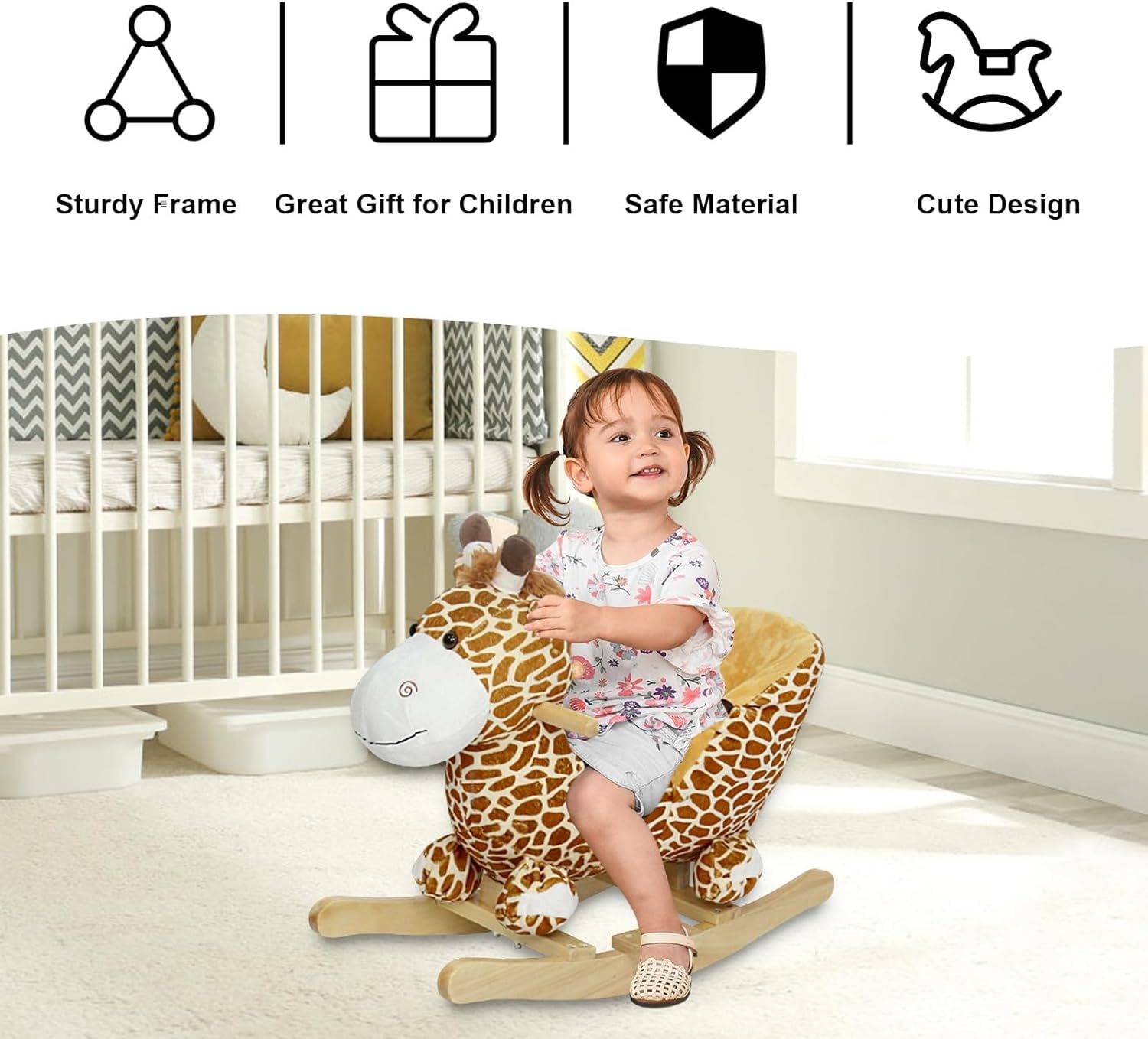Kinbor Kids Rocking Plush Horse Toy Rocking Giraffe Wooden Ride On Toy with Sound & Seat Belts, Yellow