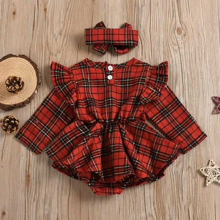 

[BRAND CLEARANCE!!!] 0-24M Christmas Newborn Plaid Pattern Ruffle Playsuit Toddler Long Sleeve Square Collar Romper (Red)