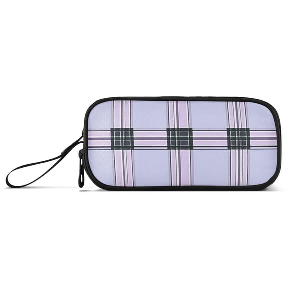Black and Light Purple Plaids Pencil Case Stationary Holder Pen Bag Pencil Pouch Tool Organizer 3 Compartments