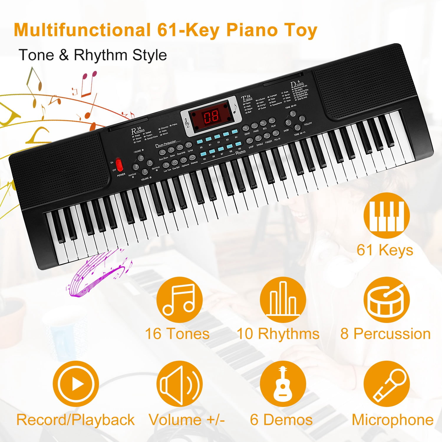 61Key Piano Keyboard Set,Electronic Keyboard Electric Musical Piano Instrument w/ Stand Mic Black
