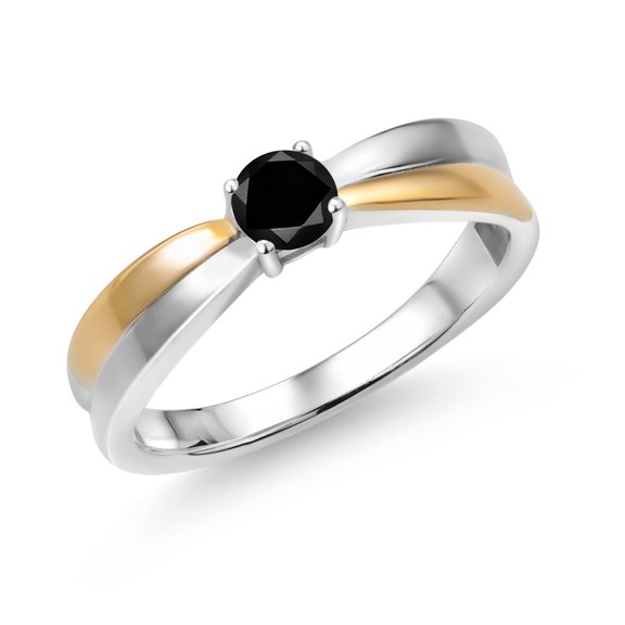 Gem Stone King 925 Silver and 10K Yellow Gold Black Diamond Solitaire Engagement Ring for Women (0.27 Cttw, Round 4MM, Gemstone Birthstone, Available in Size 5, 6, 7, 8, 9)