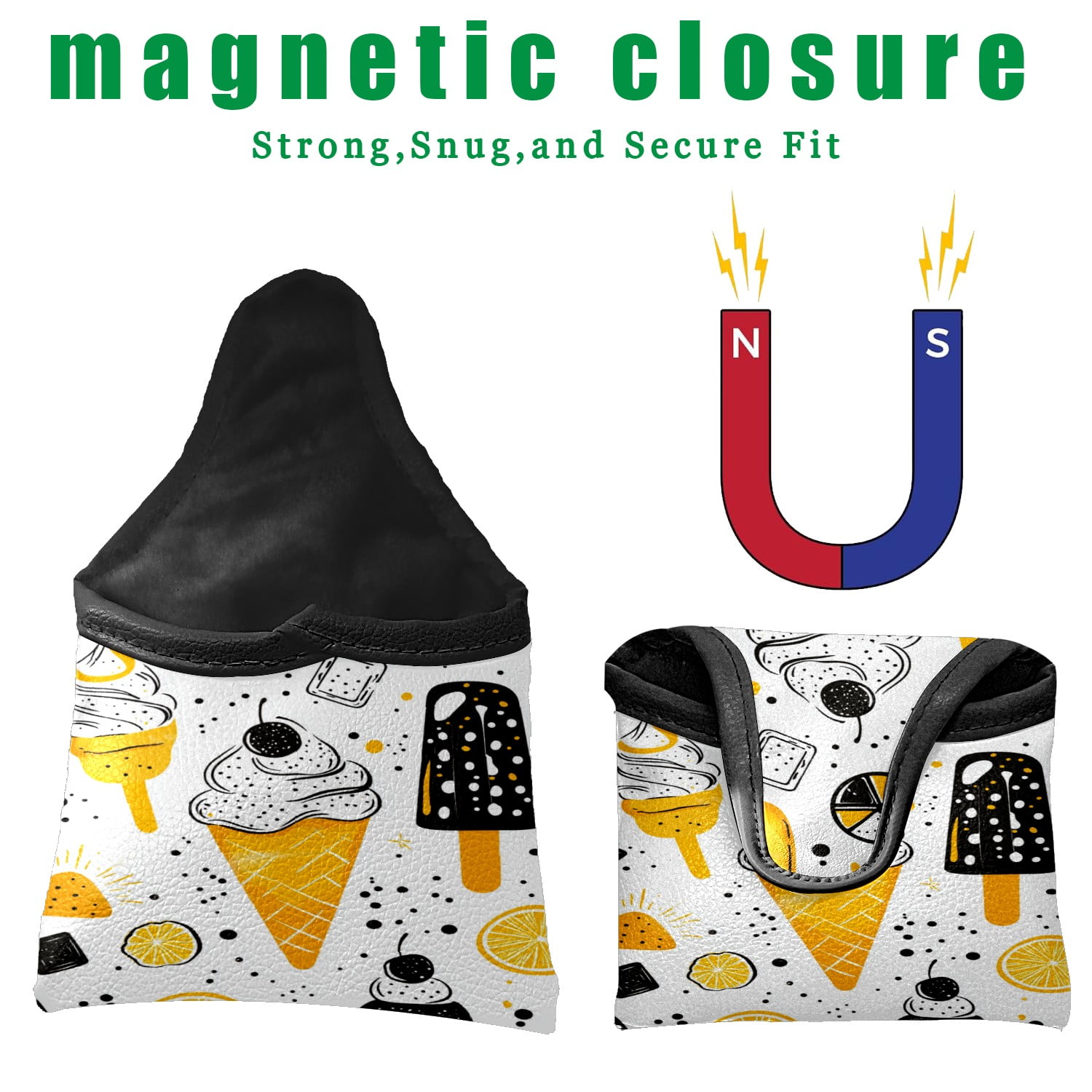 Golf Mallet Putter Cover Premium Leather Waterproof Golf Putter Head Cover with Magnetic Closure Ice Cream Pattern
