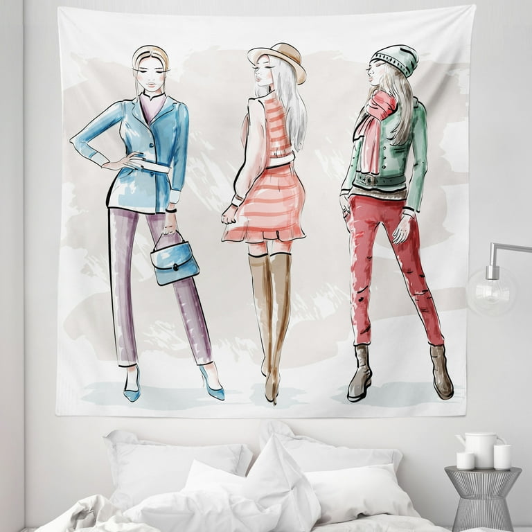 Ambesonne Fashion House Decor Tapestry, Sketch of Cute Cartoon Elegant Girls with Makeup Clothes Illustration Image, Wall Hanging for Bedroom Living Room Dorm