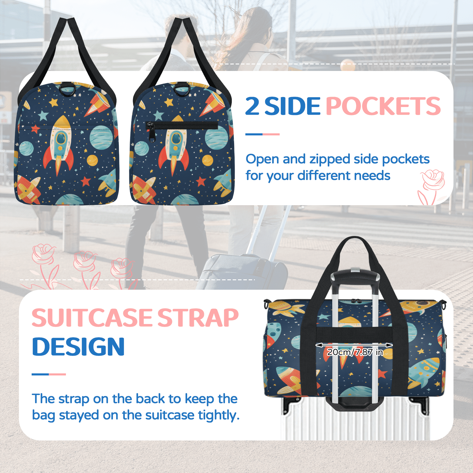 Herdesigns Rocket Gym Bag for Women, Duffle Bag for Travel Sport, Galaxy Star Lightweight Waterproof Carry on Weekender Dance Yoga Workout Bags