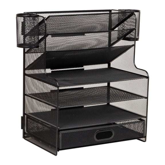 Mind Reader Mesh Desk Organizer, 6 Compartments, 1 Drawer, 2 Pen Cups, Office Desktop Organizer, Metal Mesh, Black