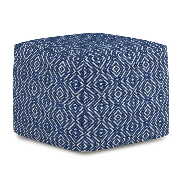 Simpli Home Graham Boho Square Pouf in Patterened Blue and Natural Cotton