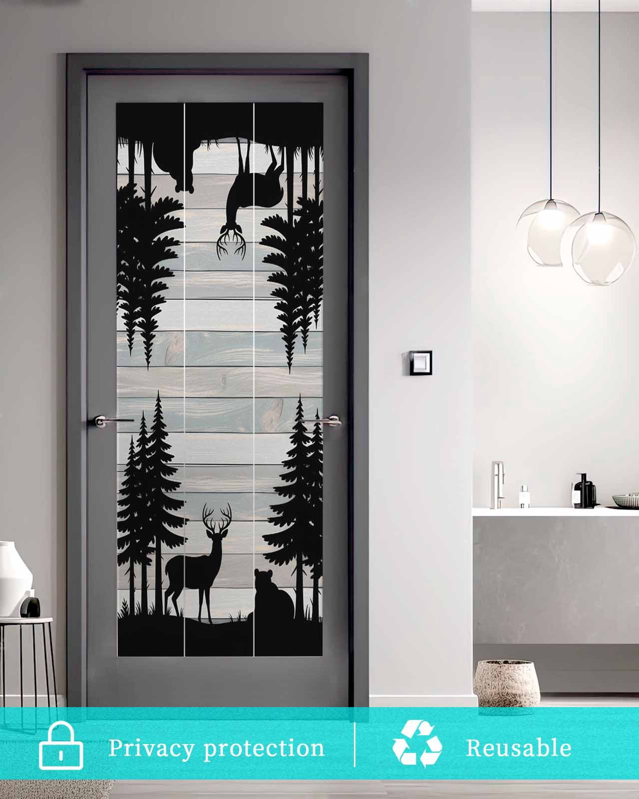 Window Privacy Film Forest Bear Stained Glass Window Film Decorative Sun Block Window Cover Silhouette Elk Stripes Tree Wood Grain Window Clings Static Adhesive Sticker for Bathroom 35.4"x78.7"